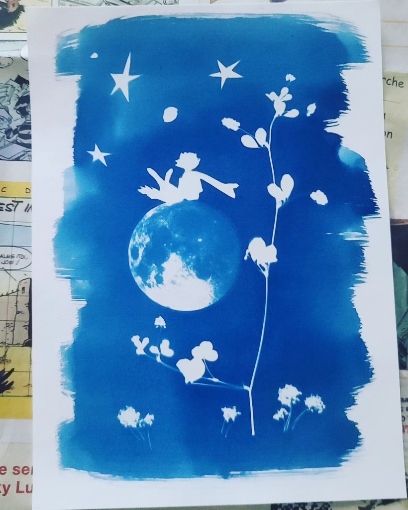 Septième étape : après rinçage à l'eau froide, le bleu se révèle et l'image apparaît.